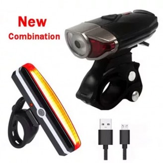 Комплект из переднего и заднего велосипедных LED-фонарей с USB зарядкой и креплением на руль
